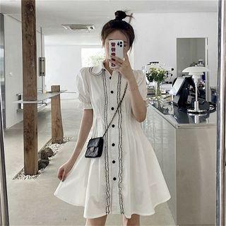 Puff-sleeve Frill Trim Blouse / A-line Mini Shirtdress