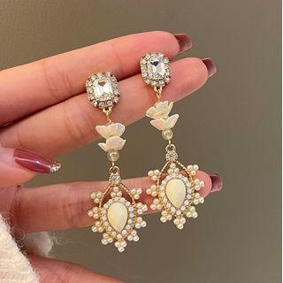 Rhinestone Drop Earring Stud Earring - 1 Pair - S925 Silver Stud - Gold - One Size