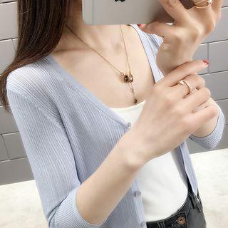 Buttoned Elbow-sleeve Light Knit Cardigan
