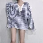 Long-sleeve Striped Lace Up Sweatshirt Stripe - Blue - One Size