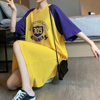 Lettering Elbow-sleeve Midi Raglan T-shirt Dress