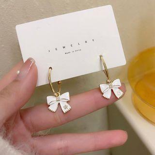 Bow Alloy Open Hoop Earring 1 Pair - S925 Silver Pin Stud Earrings - White - One Size
