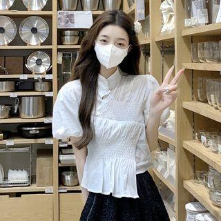 Puff-sleeve Asymmetrical Smocked Blouse