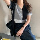 Color Panel Short-sleeve Cardigan Gray & Black - One Size