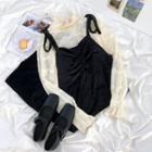 Long-sleeve Ruffle Trim Lace Top / Velvet Spaghetti Strap Dress