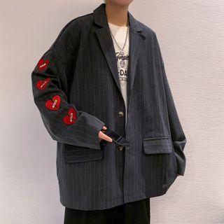Heart Embroidery Striped Blazer