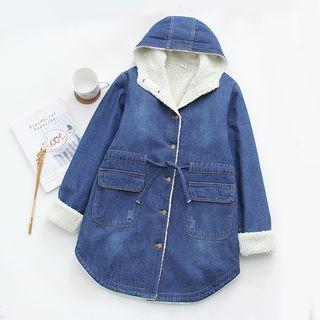 Hooded Fleece-lined Long Denim Jacket