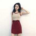 Contrast Trim Scoop Back Tank Top / Drawstring Waist A-line Skirt
