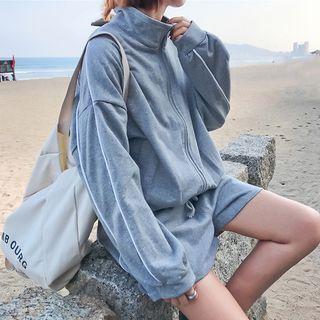 Set: Contrast-trim Zip Jacket + Drawstring Wide-leg Shorts