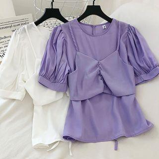 Mock Two Piece Puff-sleeve Chiffon Blouse