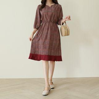 V-neck Drawstring-waist Checked Dress