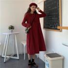 Ruffle Trim Long-sleeve Midi Collared Dress Red - One Size