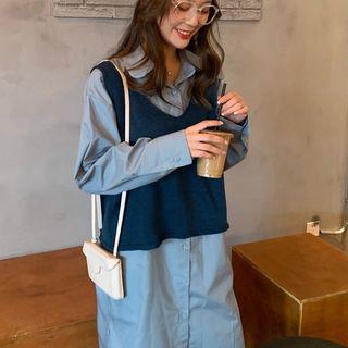 Long-sleeve Shirt Dress / Knitted Vest