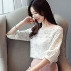 Elbow-sleeve Square Neck Embroidered Blouse