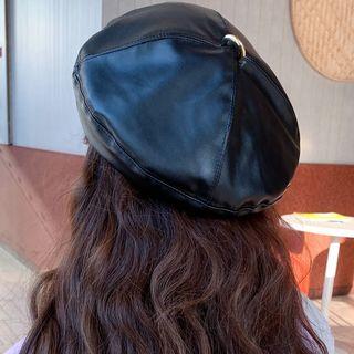 Faux Leather Beret Hat Black - One Size