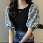 Puff-sleeve Floral Print Panel Knit Top