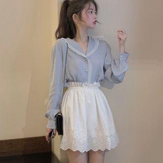 Long-sleeve Chiffon Blouse / Mini Perforated A-line Skirt