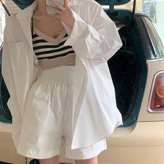 Striped Cropped Camisole Top / Plain Shirt / Wide Leg Shorts