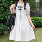 Puff-sleeve Bow-front Collared Midi A-line Dress Dress - White - One Size
