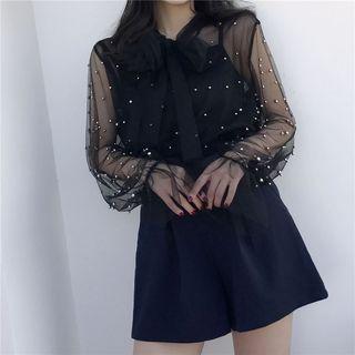 Set: Embellished Chiffon Long-sleeve Top + Spaghetti Strap Top