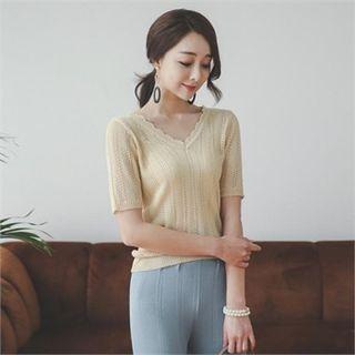 Scallop-neck Pointelle-knit Top