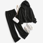 Set : Plain Zip Hooded Jacket + Drawstring Shift Wide-leg Pants
