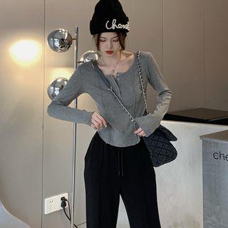 Long-sleeve Button-up Top / Plain Wide Leg Pants