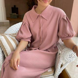 Plain Lapel Ruched Oversized Puff Short Sleeve Dress