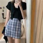 Ruffle Trim Short-sleeve Knit Top / Plaid A-line Skirt