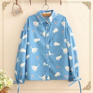 Cat Print Bow-sleeve Shirt As Shown In Figure - One Size