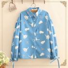 Cat Print Bow-sleeve Shirt As Shown In Figure - One Size