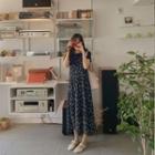 Spaghetti-strap Floral Long Dress Navy Blue - One Size