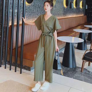 Short-sleeve Zip Wide Leg Jumpsuit