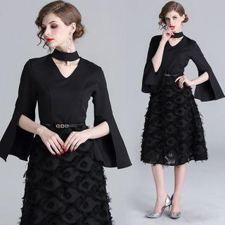 3/4-sleeve Fringed Midi Mermaid Dress