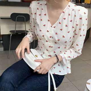 Long-sleeve V-neck Floral Print Blouse As Shown In Figure - One Size