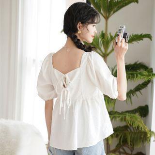 Lantern-sleeve Square Neck Drawstring Back Blouse