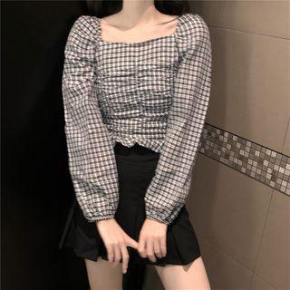 Off-shoulder Plaid Blouse Plaid - Black & White - One Size