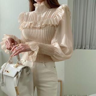 Knit-panel Frill Chiffon Blouse