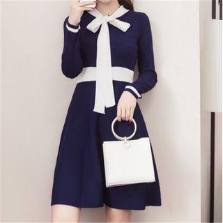 Bow Accent Long-sleeve Knit A-line Dress