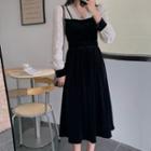 V-neck Lace Panel Velvet Mock Two Piece Dress