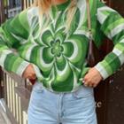 Flower Printed Long Sleeve Round Neck Sweater