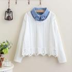 Inset Cat Embroidered Shirt Collar Scalloped-hem Long-sleeve Sweater As Shown In Figure - One Size