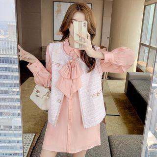 Mini Bow Shirtdress / Faux Pearl Tweed Vest