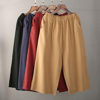 Plain Band-waist Straight-cut Capri Pants