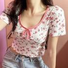 Short-sleeve Floral Cropped T-shirt White - One Size