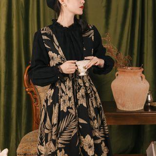Set: Long-sleeve Mock-neck Blouse + Floral Print Midi A-line Overall Dress