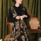 Set: Long-sleeve Mock-neck Blouse + Floral Print Midi A-line Overall Dress