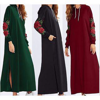 Floral Embroidered Slit-side Midi Hoodie Dress