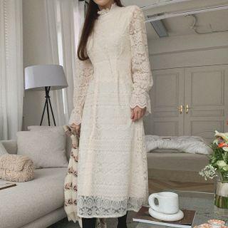 Frill-neck Napped Long Lace Dress Beige - One Size