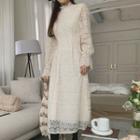 Frill-neck Napped Long Lace Dress Beige - One Size
